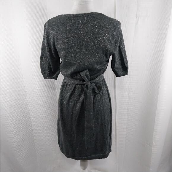 NWOT! LIZ CLAIBORNE! GORGEOUS CHARCOAL GRAY & SILVER METALLIC BELTED DRESS! SZ M - Picture 7 of 11